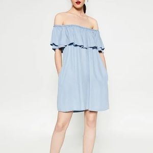 Zara Off-the-Shoulder Faded Black Ruffled Mini Black Dress Size XS